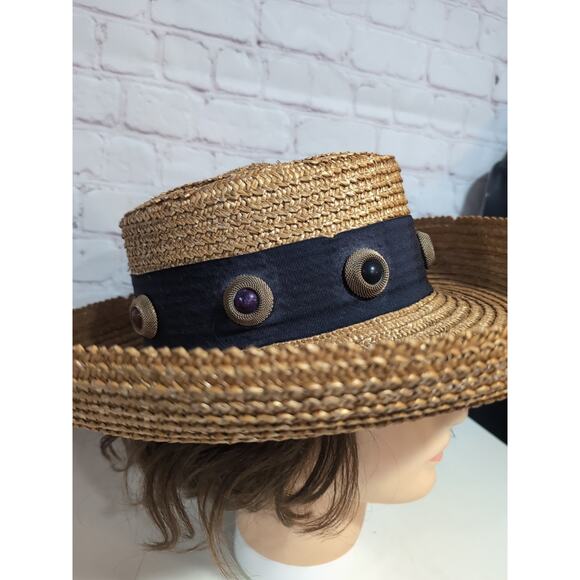 VTG Eric Javits Golden Straw Hat Sun Wide Brim Wide Band Brass And Stone Details - Picture 2 of 16